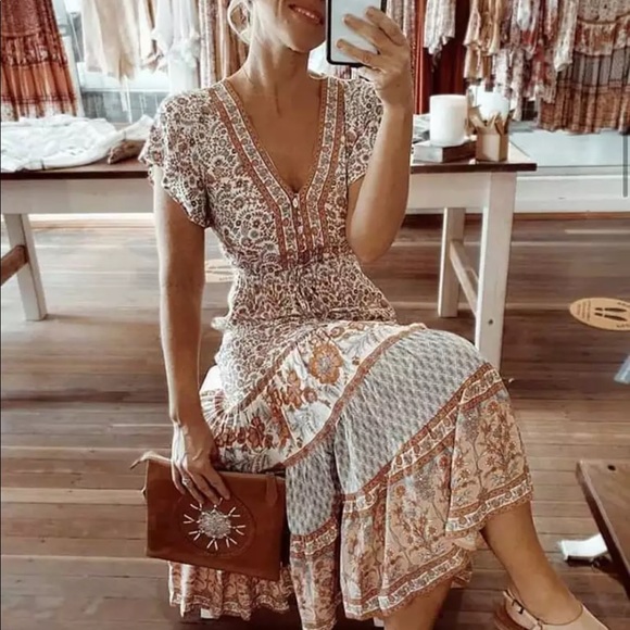 Boho Floral Gypsy Stripe Print Maxi Dress Maroon - Picture 7 of 16